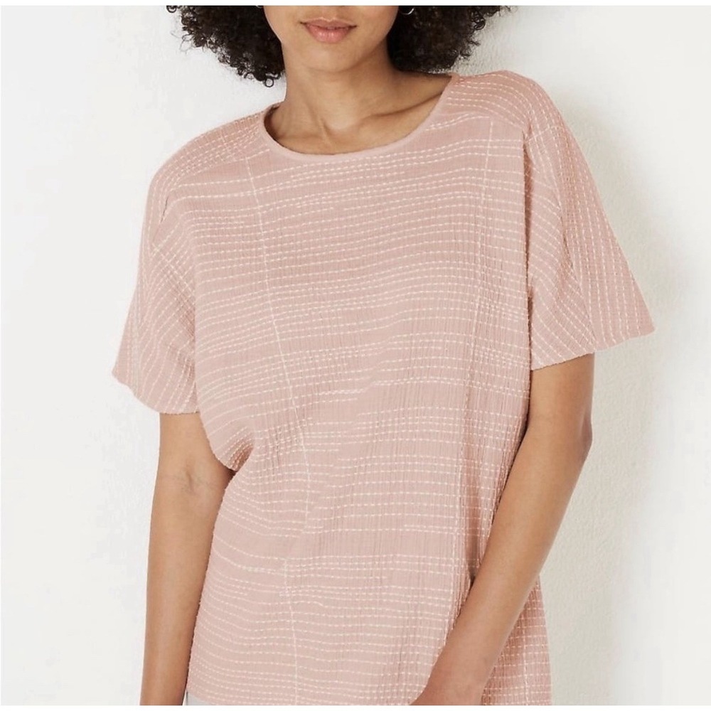 Pure Jill Top Women Large Peach Cotton‎ Textured Embroidered Boxy Short Sleeve